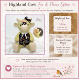 Optional Fur and Fleece Upgrade for Memory Highland Cow Keepsake showing Antelope fur for the head and tail and Antique Cream fleece for the horns, nose, inside ears and foot pads.
