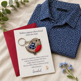Personalised memorial robin keyring made from a loved one’s navy patterned shirt, displayed on a Grandad keepsake card with a red 