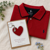 Personalised red memory heart keyring handmade from a loved one’s red polo shirt and displayed on a keepsake card.