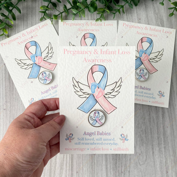 Pregnancy & Infant Loss Awareness Pin Badge & Card - Angel Wings & Baby Feet Keepsake