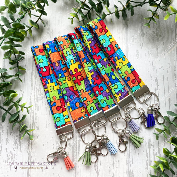 Handmade Jigsaw Fabric Key Fob Wristlet, Lanyard For Keys