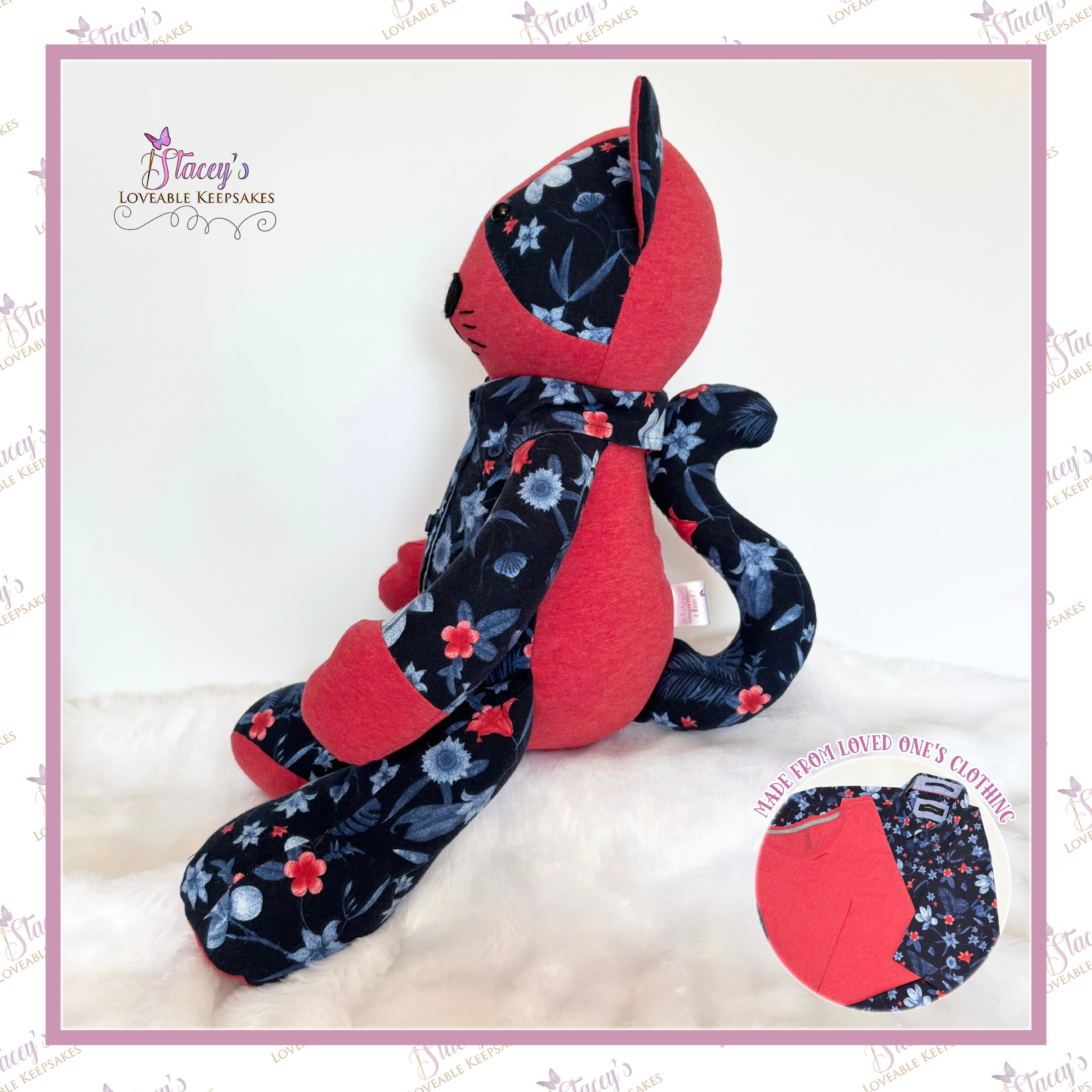 Side view of personalised standard memory cat keepsake made from loved one's clothing.