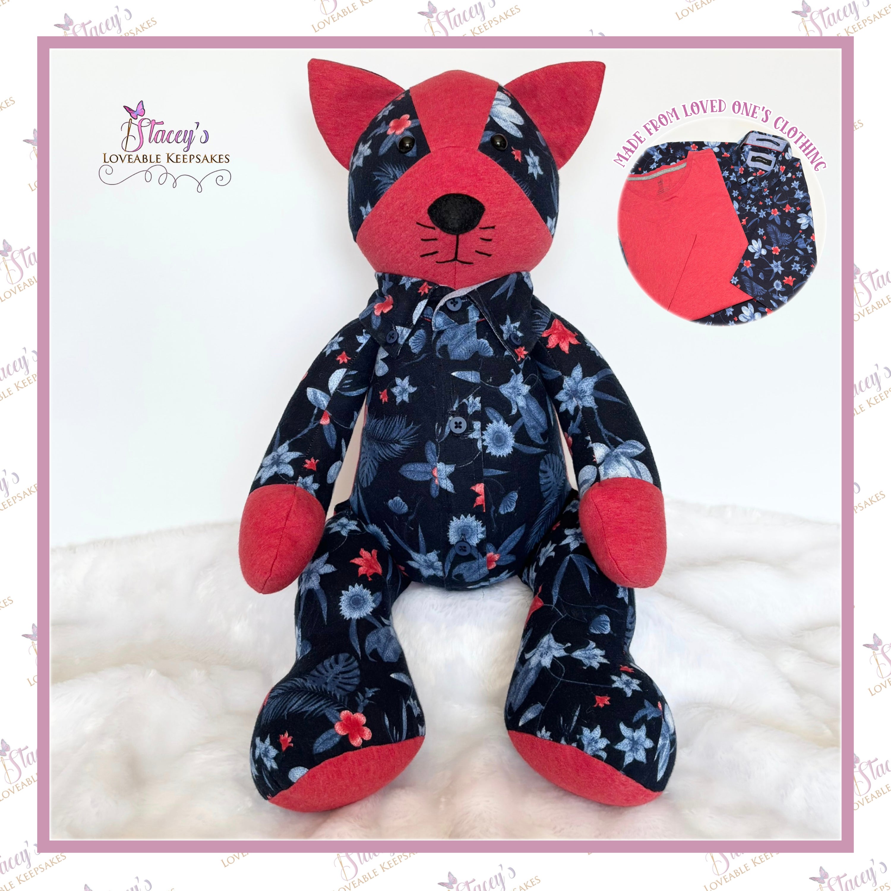 Personalised standard memory cat handmade from loved one's clothing keepsake front view.