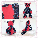 Personalised memory cat keepsake made from loved one's clothing with matching clothing shown before and after transformation.