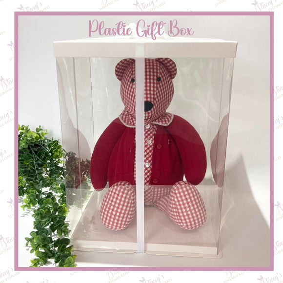 Standard memory bear inside a clear plastic gift box with a white lid, base, and ribbon, perfect for gifting or display.