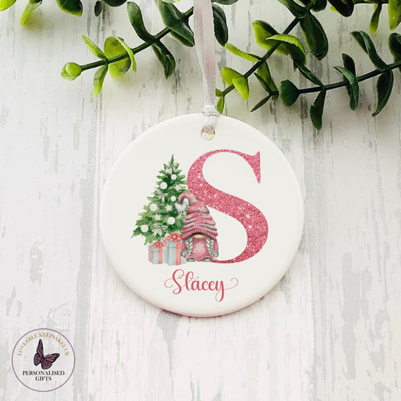 Personalised Pink Alphabet Gnome Christmas Bauble
