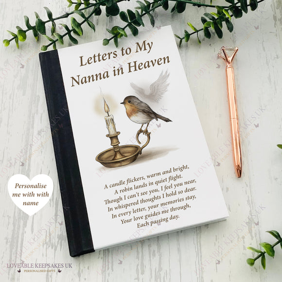 Personalised Letters to Heaven remembrance notebook with robin and candle design, printed with the name Nanna on the cover.