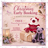 Christmas Early Booking banner for handmade memory bears and keepsakes from loved ones' clothing, featuring free personalisation, October and November booking spaces, festive decorations, robin and gift-wrapped memory bears.