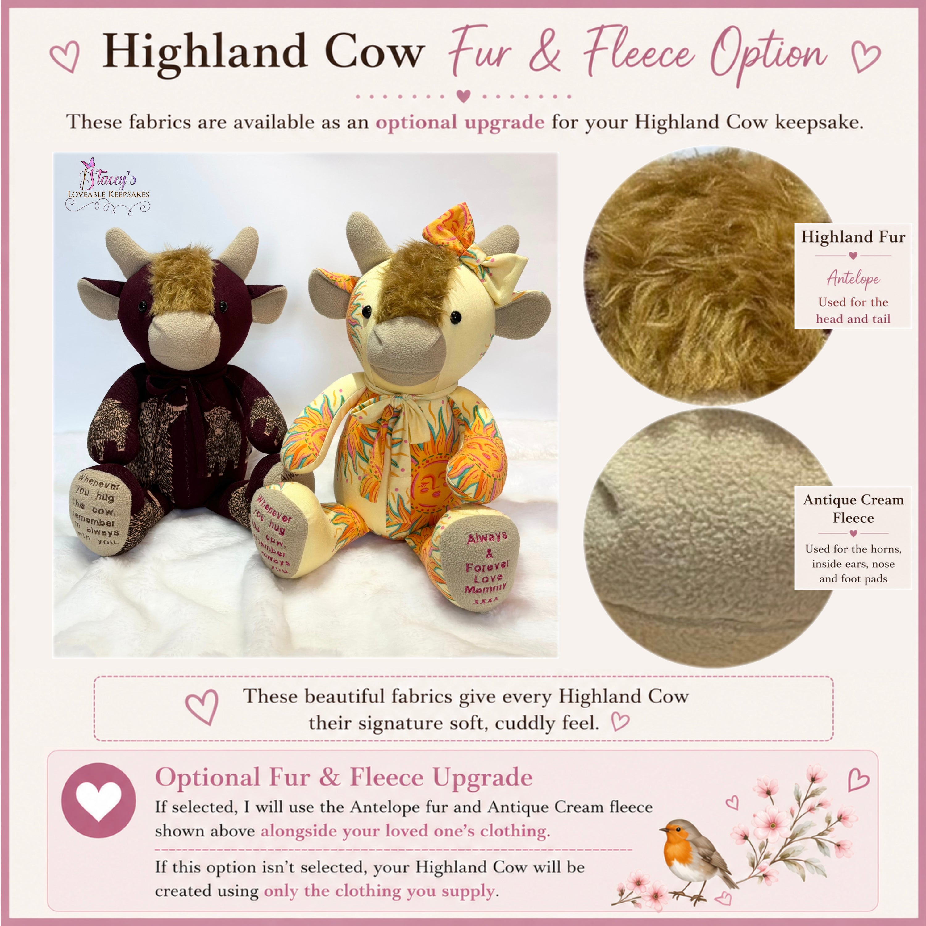 Optional Fur and Fleece Upgrade for Memory Highland Cow Keepsake showing Antelope fur for the head and tail and Antique Cream fleece for the horns, nose, inside ears and foot pads.