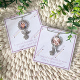 Set of personalised photo angel pins on printed keepsake cards, handmade remembrance brooches.