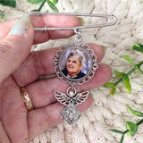 Personalised photo angel pin featuring silver angel charm and photo frame brooch, handmade memorial keepsake gift.