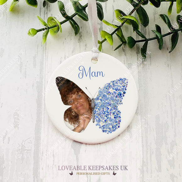 Personalised Forget Me Not Photo Bauble, Floral Butterfly Gifts, Hanging Christmas Decoration