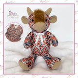 Small Memory Highland Cow keepsake handmade from a loved one's patterned clothing with signature fur and fleece