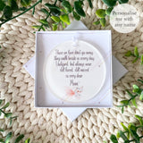 Pink butterfly remembrance bauble displayed in white presentation gift box with soft white ribbon – personalised acrylic memorial keepsake decoration for loved ones.