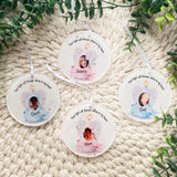 Set of personalised pink and blue angel wings candle photo baubles with names, handmade remembrance ornaments.