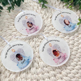 Set of personalised pink and blue angel wings candle photo baubles with names, handmade remembrance ornaments.