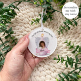 Personalised pink angel wings candle acrylic bauble with photo and name Mam, memorial keepsake by Loveable Keepsakes UK.
