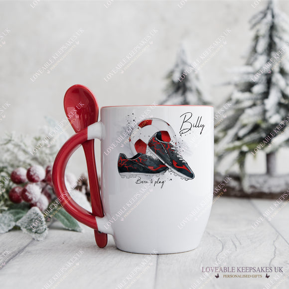 Personalised Christmas Red Spoon Mug, Red Football Boots Mug, Stocking Filler Gift For Kids, Christmas Eve Box