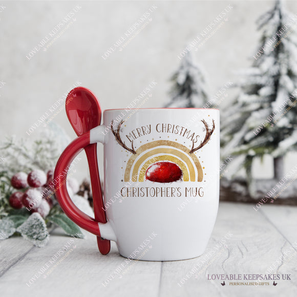 Personalised Christmas Mug, Reindeer Rainbow Red Nose Mug, Stocking Filler Gift For Kids, Christmas Eve Box