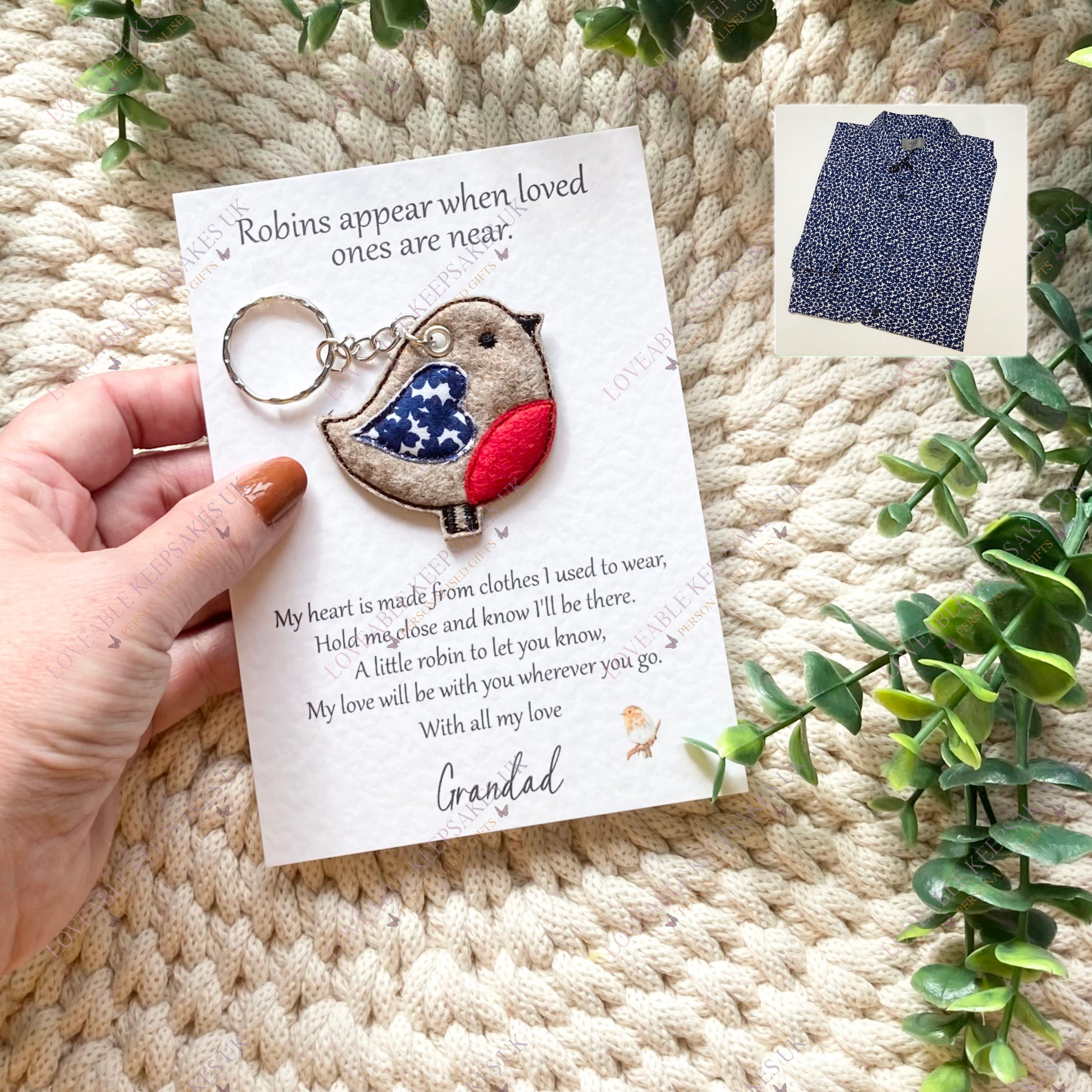 Memorial robin keyring keepsake card with heart made from blue patterned shirt fabric, personalised with Grandad.
