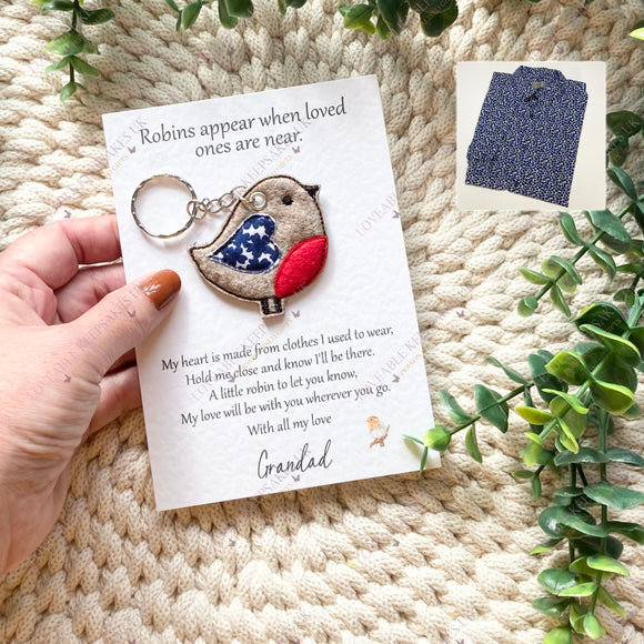 Memorial robin keyring keepsake card with heart made from blue patterned shirt fabric, personalised with Grandad.