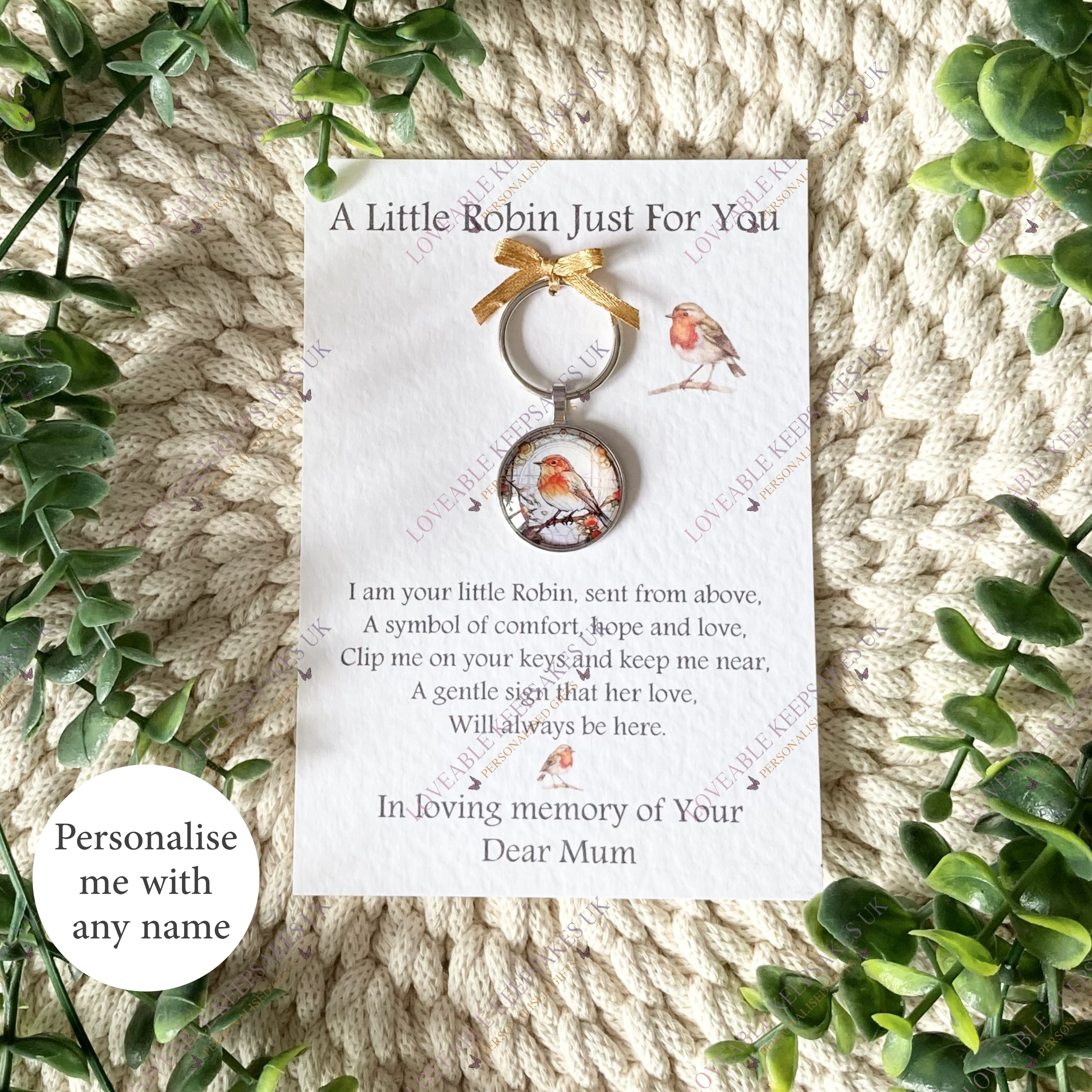 Robin memorial keyring on A6 sympathy poem card, remembrance gift for loss of mum