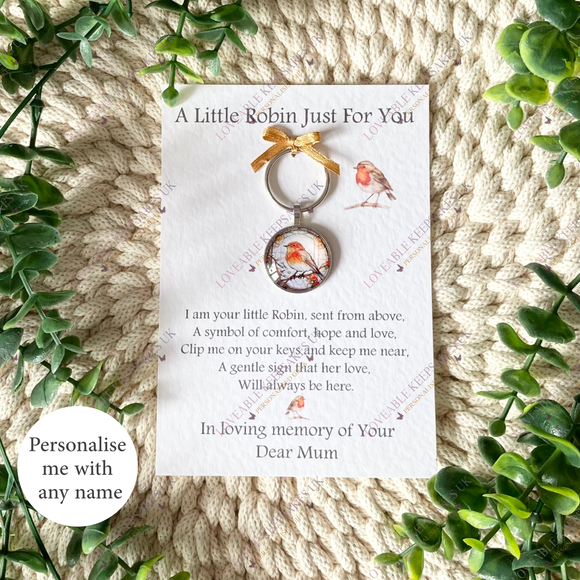 Robin memorial keyring on A6 sympathy poem card, remembrance gift for loss of mum
