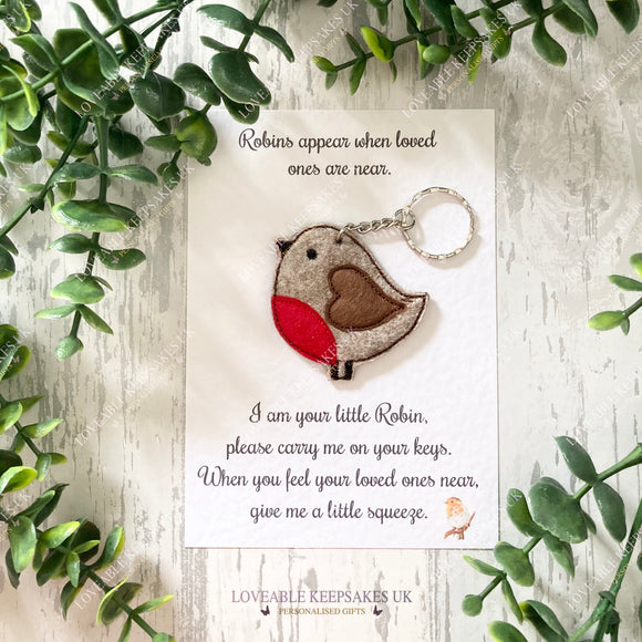 Handmade Felt Robin Keychain Pocket Hug - Remembrance Gift & Card
