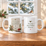 Personalised Christmas robin remembrance mug with memorial verse and festive holly design