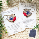 Two robin keepsake keyrings on cards with heart from clothing fabric, remembrance gifts.