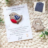 Robin memorial keyring keepsake on card with heart made from loved one’s clothing, personalised sympathy gift.