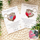 Two robin keepsake cards with keyrings, memorial gift made from loved ones clothes.