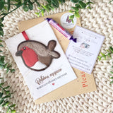 Christmas robin keepsake with remembrance card, envelope, thank-you card, and branded packaging from Loveable Keepsakes UK.