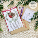 Personalised Christmas robin hanging decoration on poem card, packaged in a clear cello bag with optional red envelope, gift-ready keepsake.