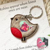 Robin memorial keyring keepsake on card with heart made from loved one’s clothing, personalised sympathy gift.