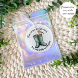 Personalised robin boots remembrance bauble with Mum and Dad in holographic gift pouch
