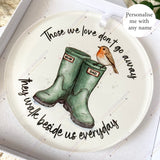 Close-up of robin boots remembrance bauble with Mum and Dad inside gift box