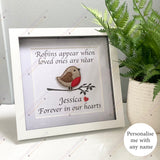Customised robin memorial frame example with the name Jessica beneath the embroidered robin.