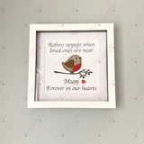 Personalised robin memorial box frame hanging on wall, featuring 3D embroidered felt robin, red heart, and custom name – elegant remembrance home décor.