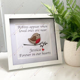 Customised robin memorial frame example with the name Jessica beneath the embroidered robin.