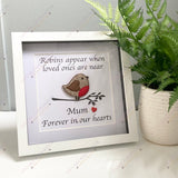 Close-up view of personalised robin memorial frame with embroidered felt bird and red heart detail on premium card.