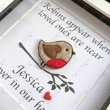 Close-up view of personalised robin memorial frame with embroidered felt bird and red heart detail on premium card.