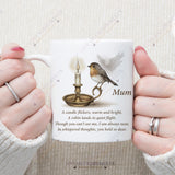 Personalised white remembrance mug with robin, candle, and angel wings design, featuring the name Mum and touching memorial poem.