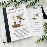 Personalised memorial notebook and bookmark featuring robin, candle and angel wings design, with the name Mum on the cover.