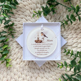 Mam robin bauble shown inside optional white gift box