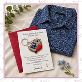 Personalised memorial robin keyring made from a loved one’s navy patterned shirt, displayed on a Grandad keepsake card with a red envelope.