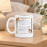 Robin remembrance mug with memorial verse and two robins displayed on a wooden bedside table