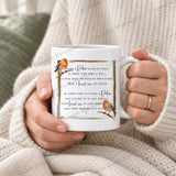 11oz white robin remembrance mug with memorial verse held in hands as a comforting bereavement gift
