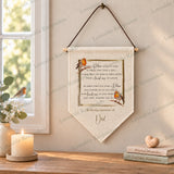 Personalised robin remembrance pennant with memorial verse and In loving memory of Dad, displayed as a wall hanging.