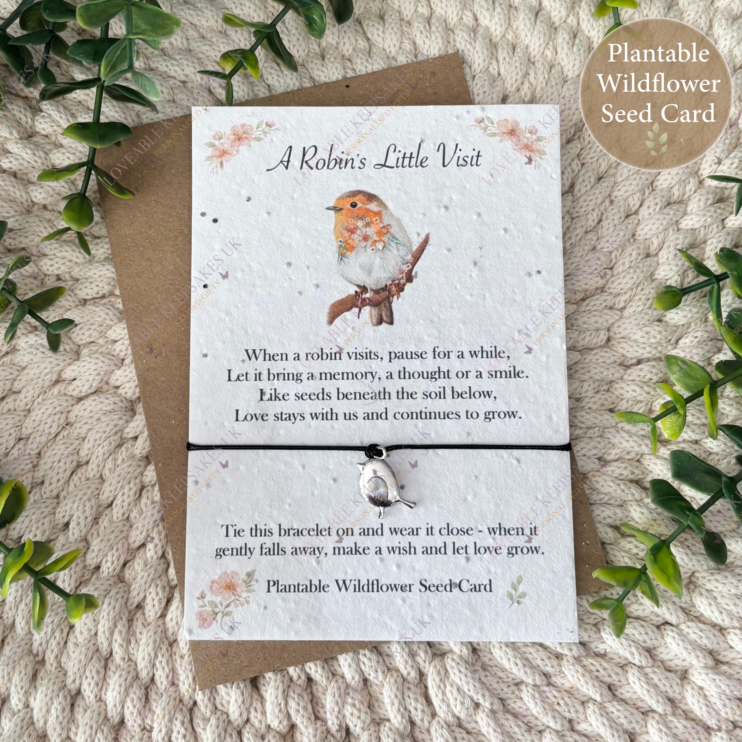 Robin wish bracelet on plantable wildflower seed card remembrance keepsake